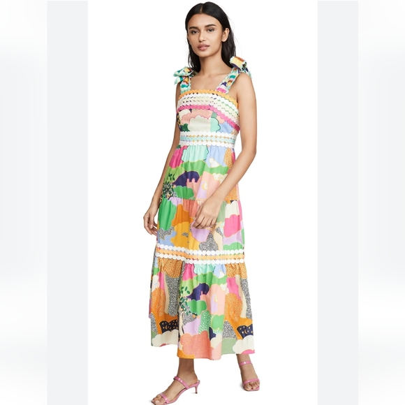 CeliaB Dresses & Skirts - New Without CeliaB Phuket Midi Dress Size Xs Multicolor Scalloped Tie Straps